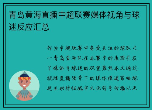 青岛黄海直播中超联赛媒体视角与球迷反应汇总